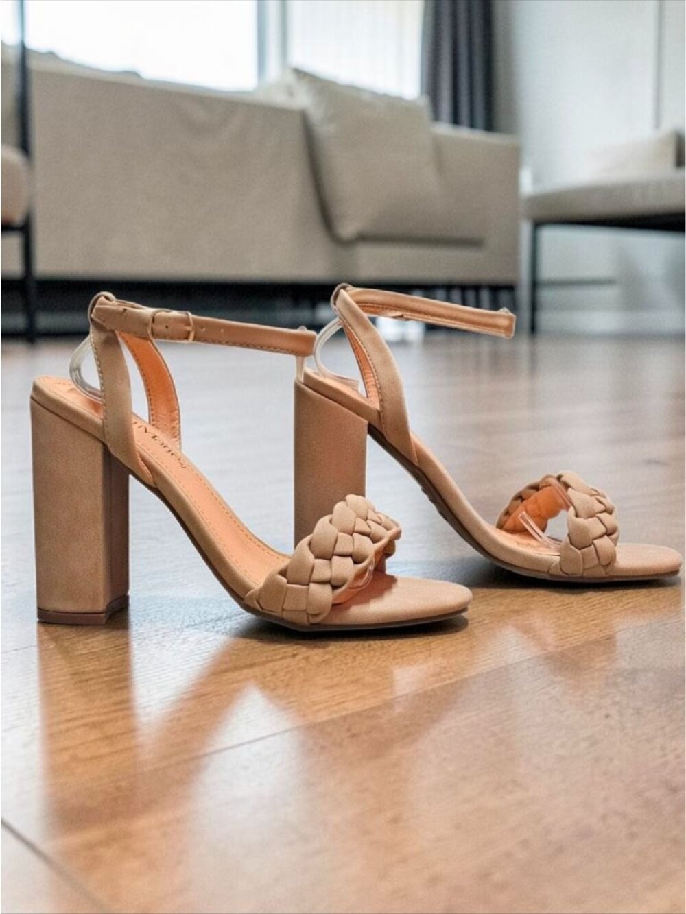 Braided Strap Block Heel Sandals With Adjustable Ankle Strap In Beige